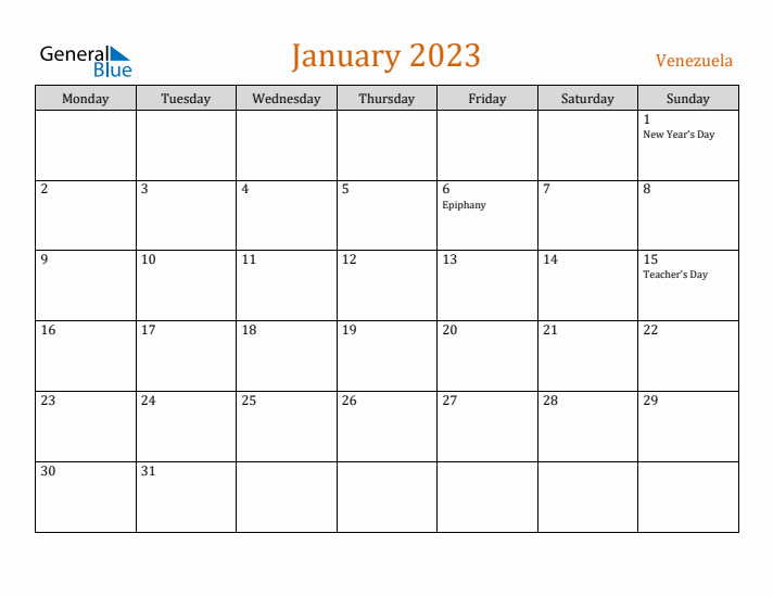 January 2023 Holiday Calendar with Monday Start