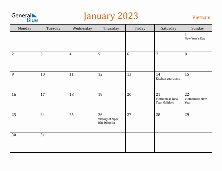 January 2023 Holiday Calendar with Monday Start