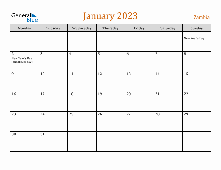 January 2023 Holiday Calendar with Monday Start