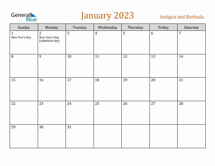 January 2023 Holiday Calendar with Sunday Start