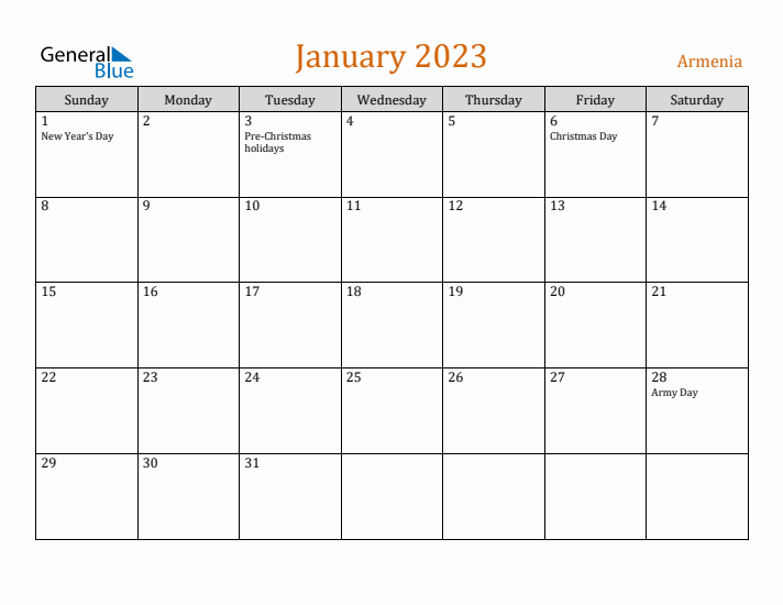 January 2023 Holiday Calendar with Sunday Start