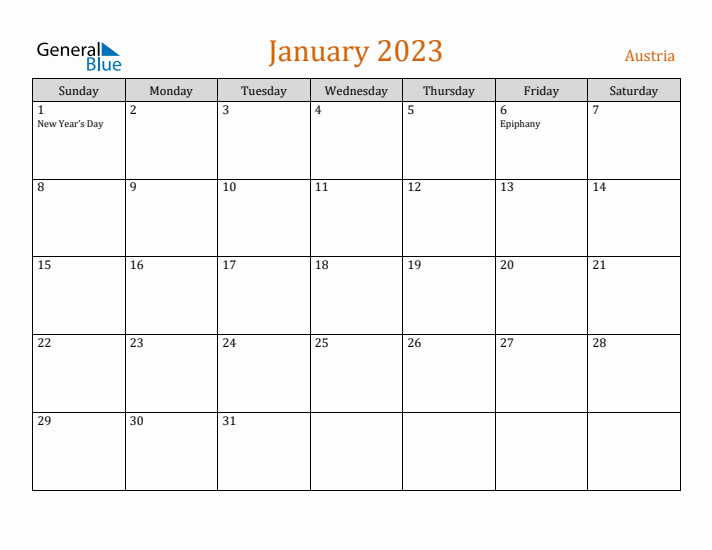 January 2023 Holiday Calendar with Sunday Start