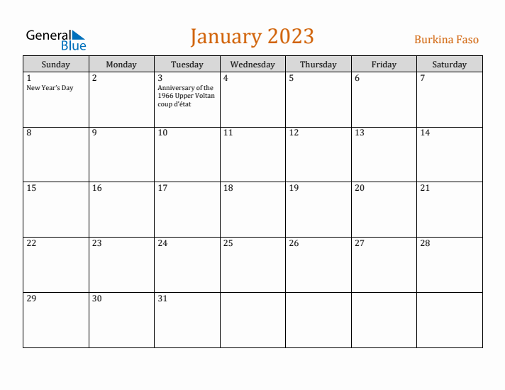 January 2023 Holiday Calendar with Sunday Start