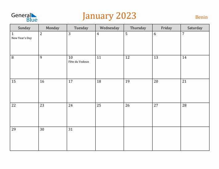 January 2023 Holiday Calendar with Sunday Start