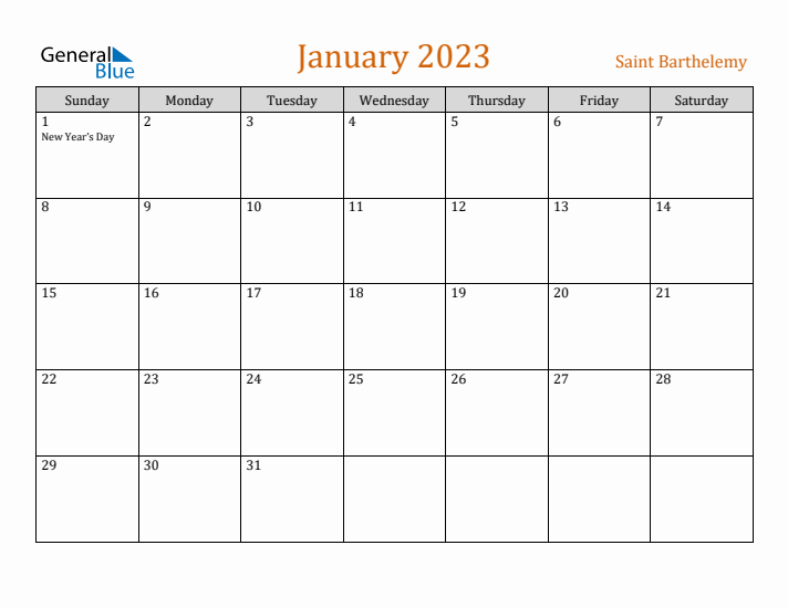 January 2023 Holiday Calendar with Sunday Start