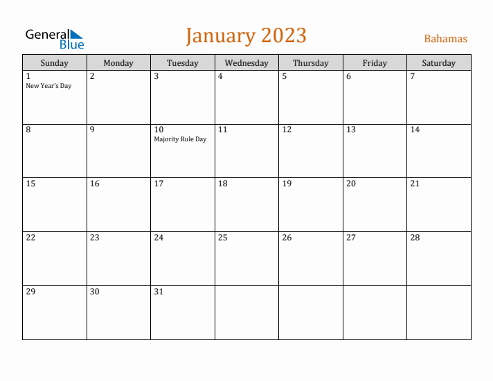 January 2023 Holiday Calendar with Sunday Start