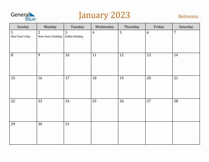 January 2023 Holiday Calendar with Sunday Start