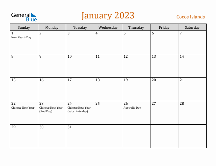 January 2023 Holiday Calendar with Sunday Start