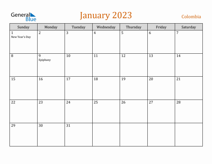 January 2023 Holiday Calendar with Sunday Start