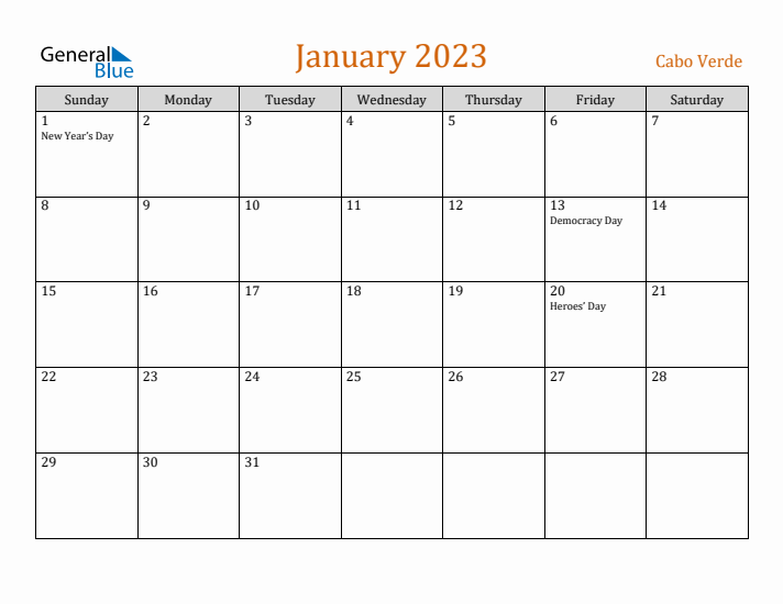 January 2023 Holiday Calendar with Sunday Start