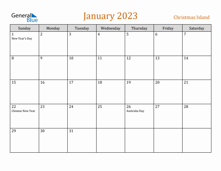 January 2023 Holiday Calendar with Sunday Start