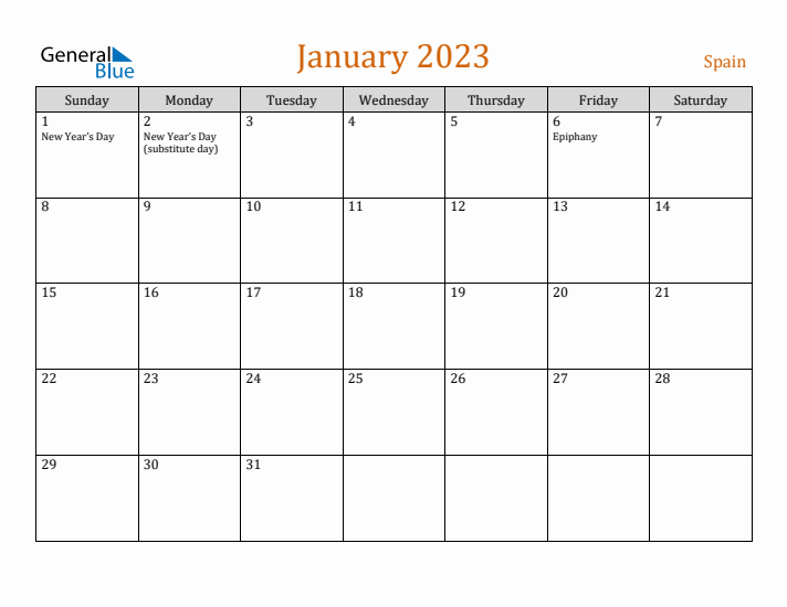 January 2023 Holiday Calendar with Sunday Start