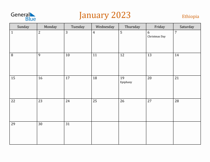 January 2023 Holiday Calendar with Sunday Start