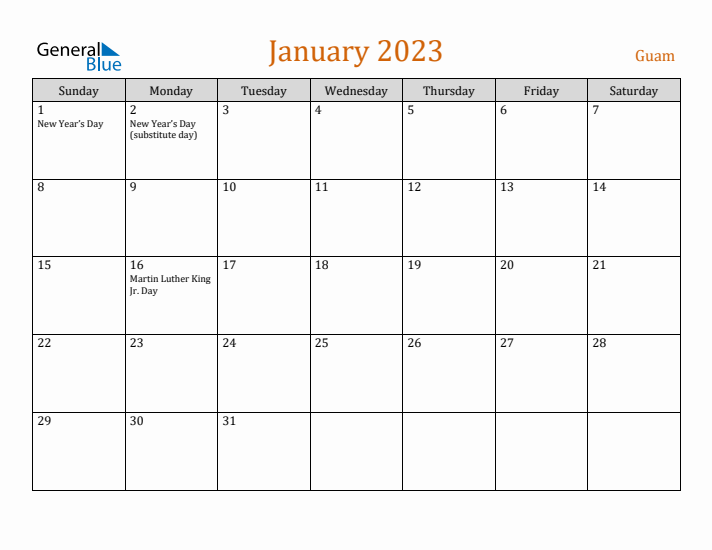 January 2023 Holiday Calendar with Sunday Start