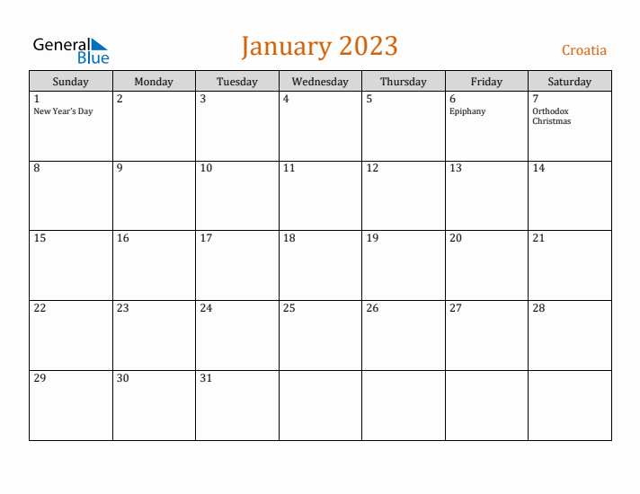 January 2023 Holiday Calendar with Sunday Start