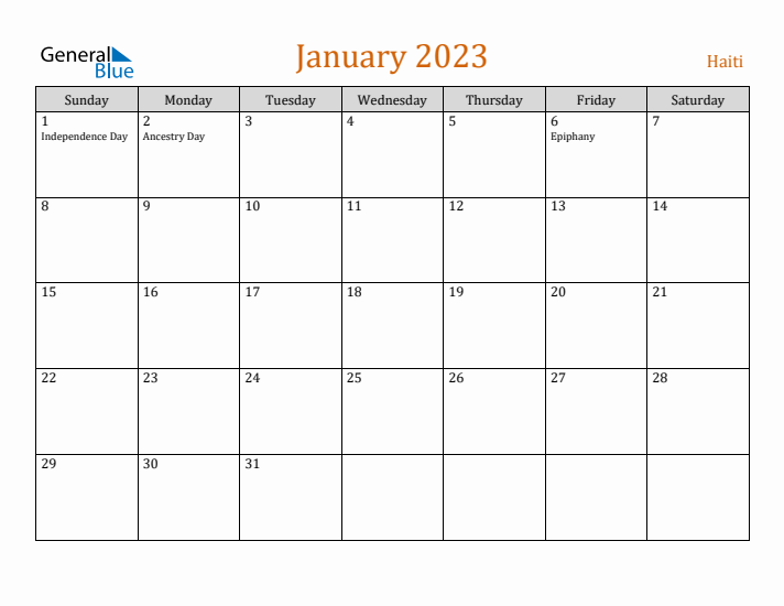 January 2023 Holiday Calendar with Sunday Start