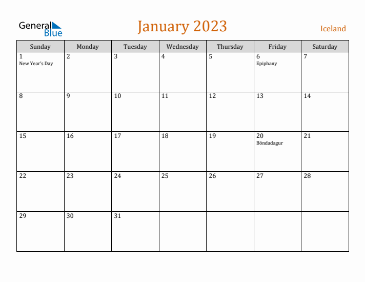 January 2023 Holiday Calendar with Sunday Start