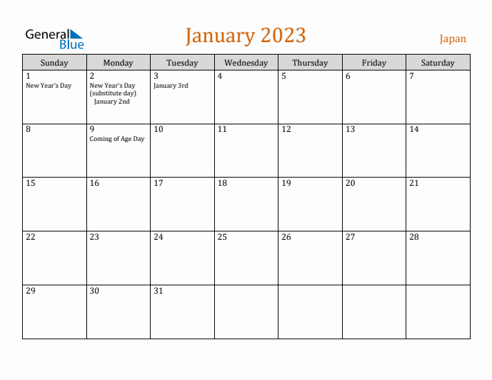 January 2023 Holiday Calendar with Sunday Start