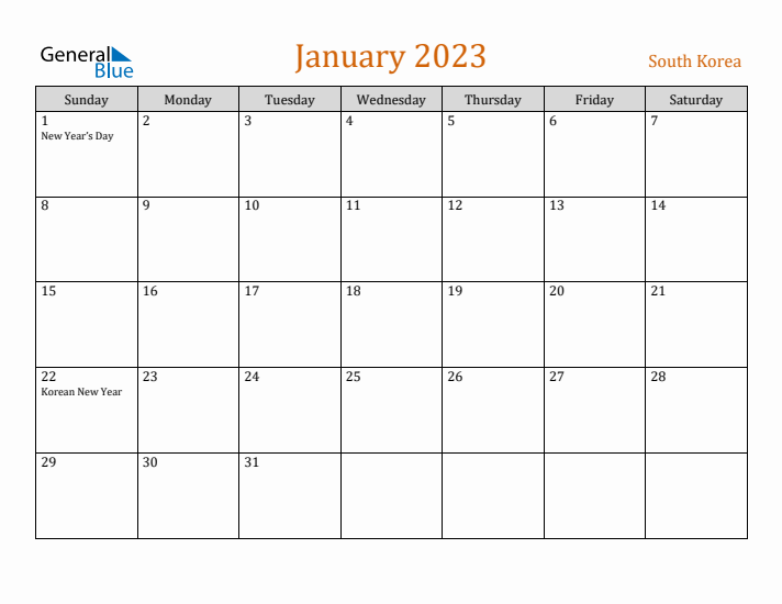 January 2023 Holiday Calendar with Sunday Start