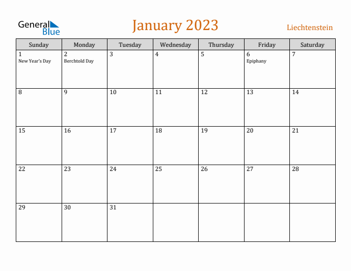 January 2023 Holiday Calendar with Sunday Start