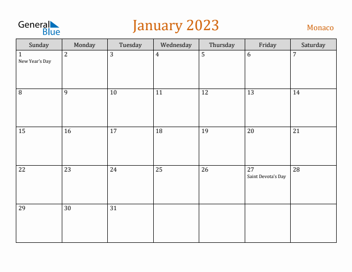 January 2023 Holiday Calendar with Sunday Start