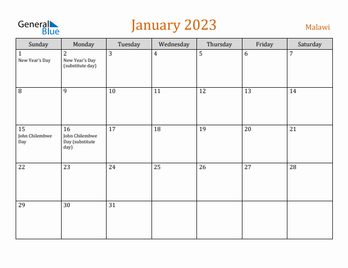 January 2023 Holiday Calendar with Sunday Start