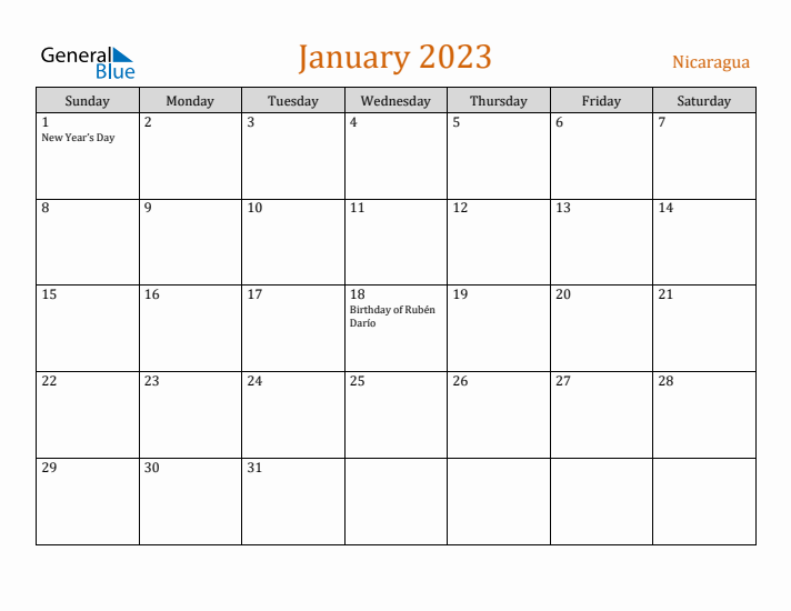 January 2023 Holiday Calendar with Sunday Start