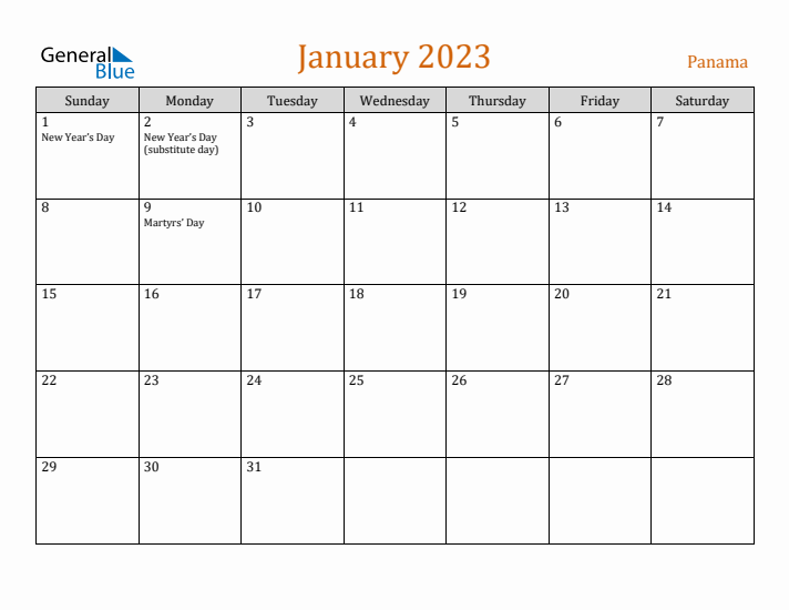 January 2023 Holiday Calendar with Sunday Start