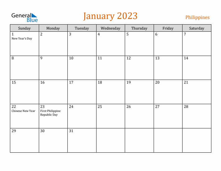 January 2023 Holiday Calendar with Sunday Start