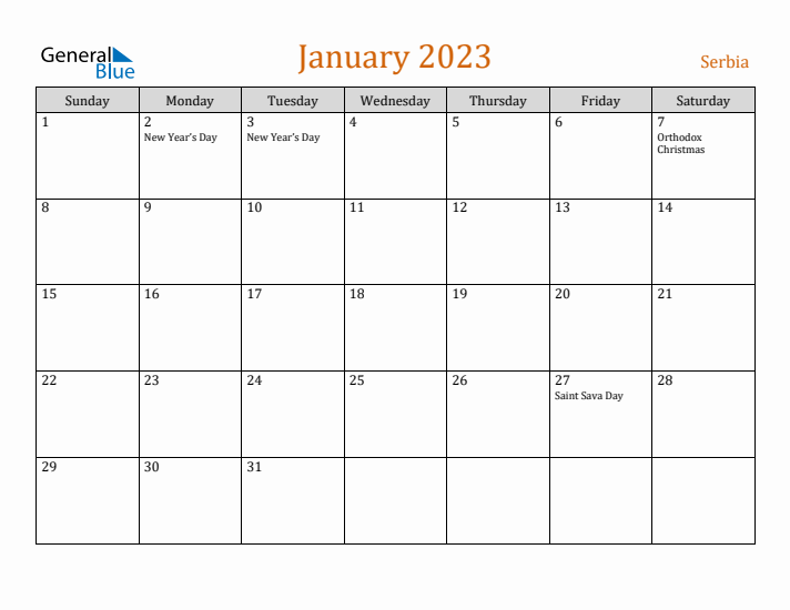 January 2023 Holiday Calendar with Sunday Start