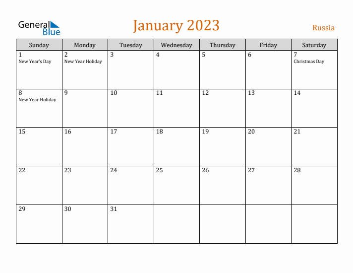 January 2023 Holiday Calendar with Sunday Start