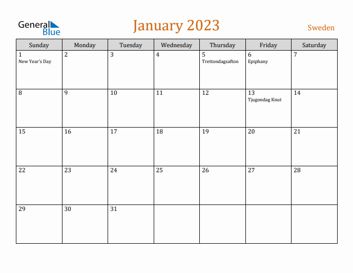 January 2023 Holiday Calendar with Sunday Start