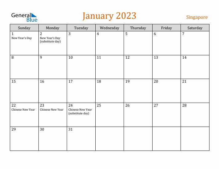 January 2023 Holiday Calendar with Sunday Start