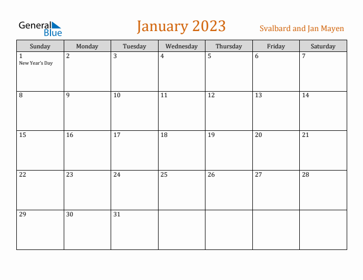 January 2023 Holiday Calendar with Sunday Start