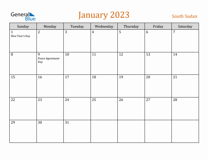 January 2023 Holiday Calendar with Sunday Start