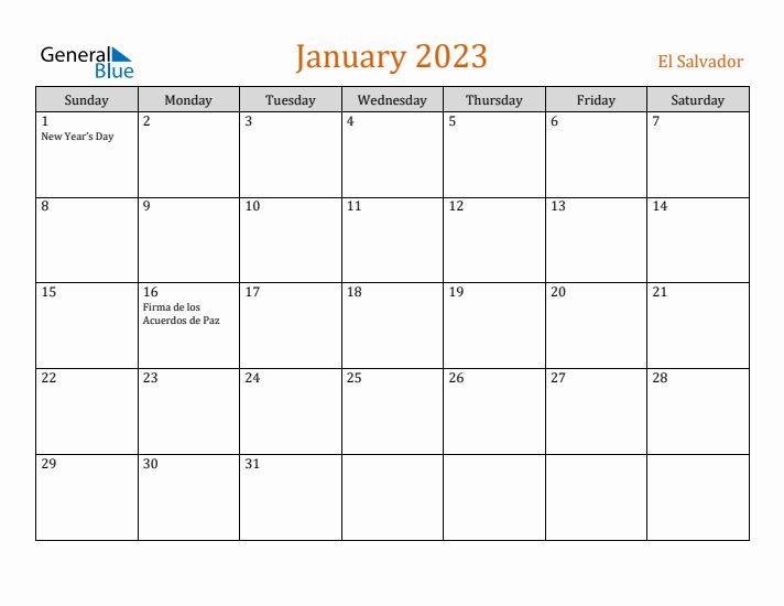 January 2023 Holiday Calendar with Sunday Start