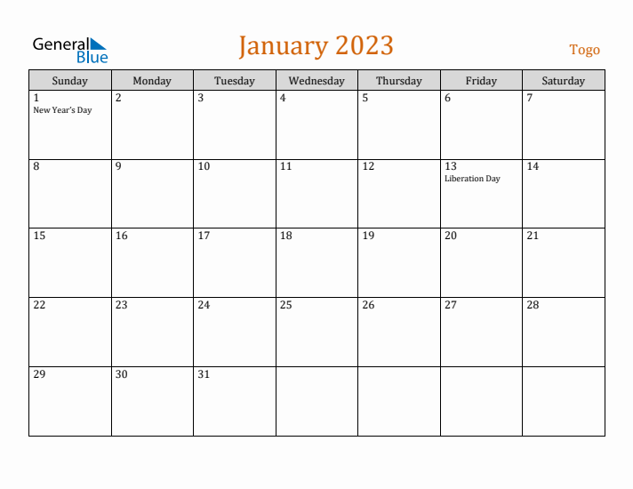 January 2023 Holiday Calendar with Sunday Start