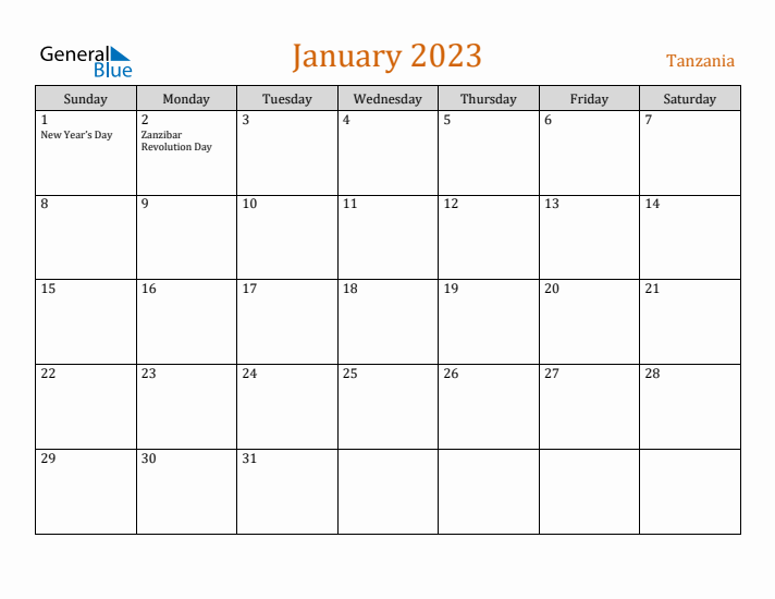 January 2023 Holiday Calendar with Sunday Start