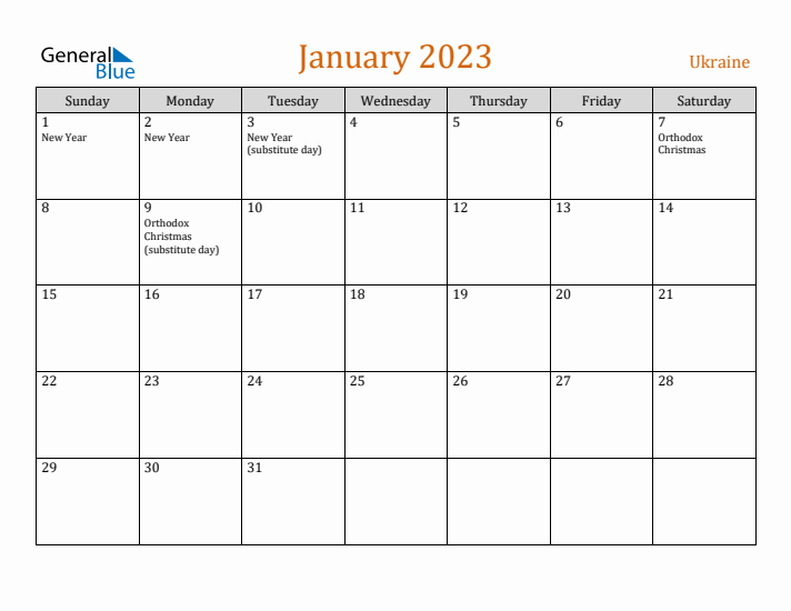 January 2023 Holiday Calendar with Sunday Start