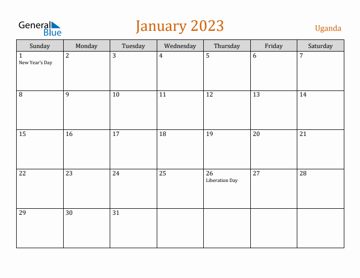 January 2023 Holiday Calendar with Sunday Start