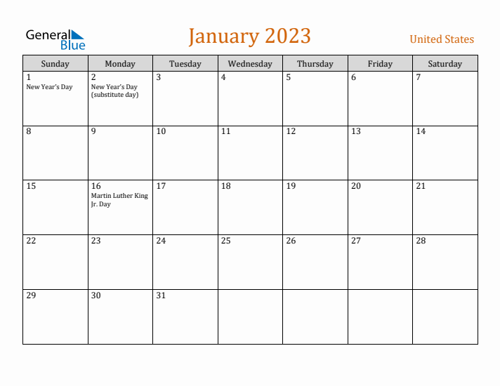 January 2023 Holiday Calendar with Sunday Start