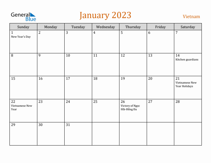 January 2023 Holiday Calendar with Sunday Start