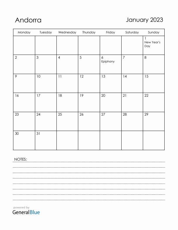 January 2023 Andorra Calendar with Holidays (Monday Start)