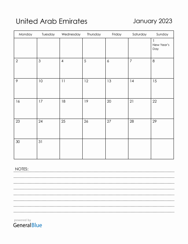 January 2023 United Arab Emirates Calendar with Holidays (Monday Start)