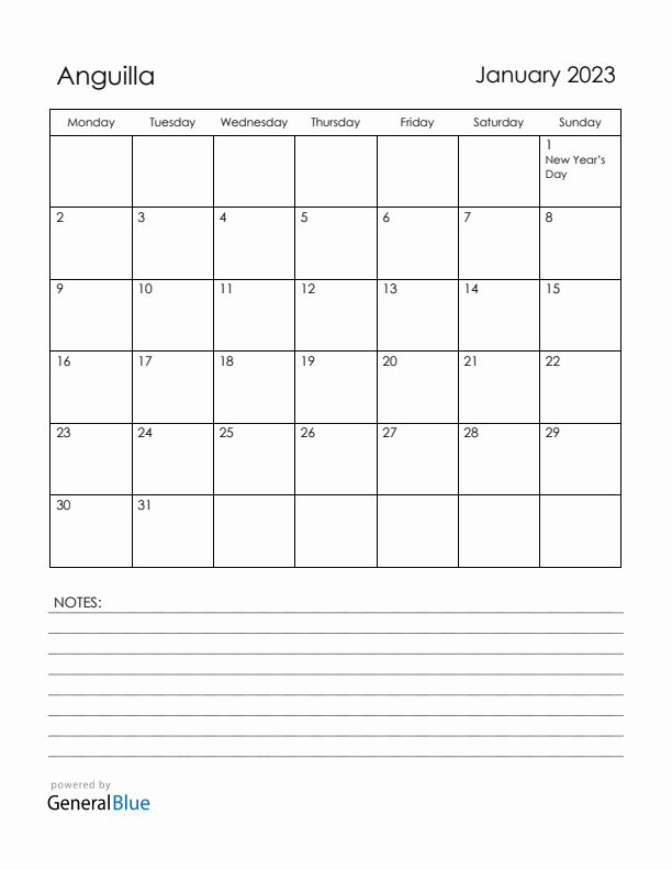 January 2023 Anguilla Calendar with Holidays (Monday Start)