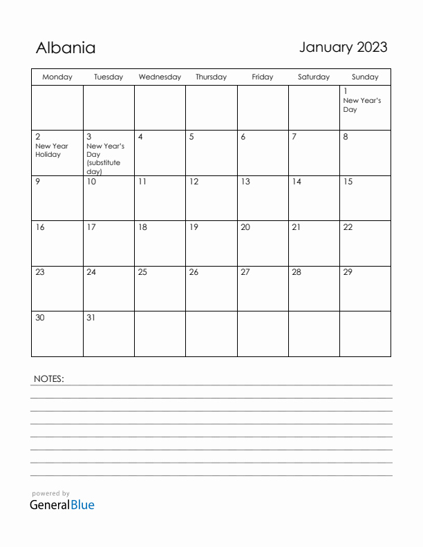 January 2023 Albania Calendar with Holidays (Monday Start)