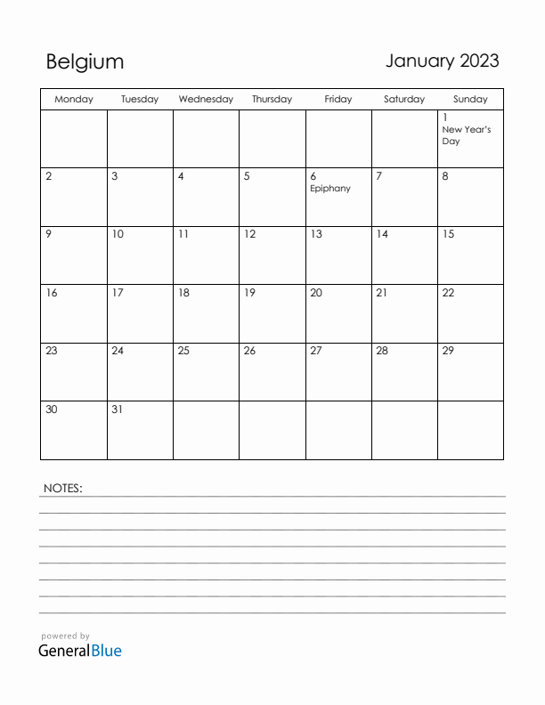 January 2023 Belgium Calendar with Holidays (Monday Start)