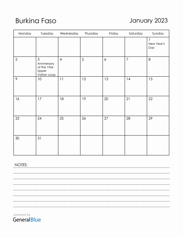 January 2023 Burkina Faso Calendar with Holidays (Monday Start)