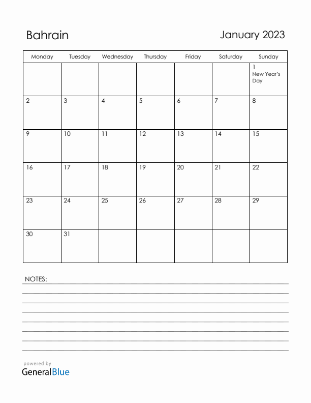 January 2023 Bahrain Calendar with Holidays (Monday Start)