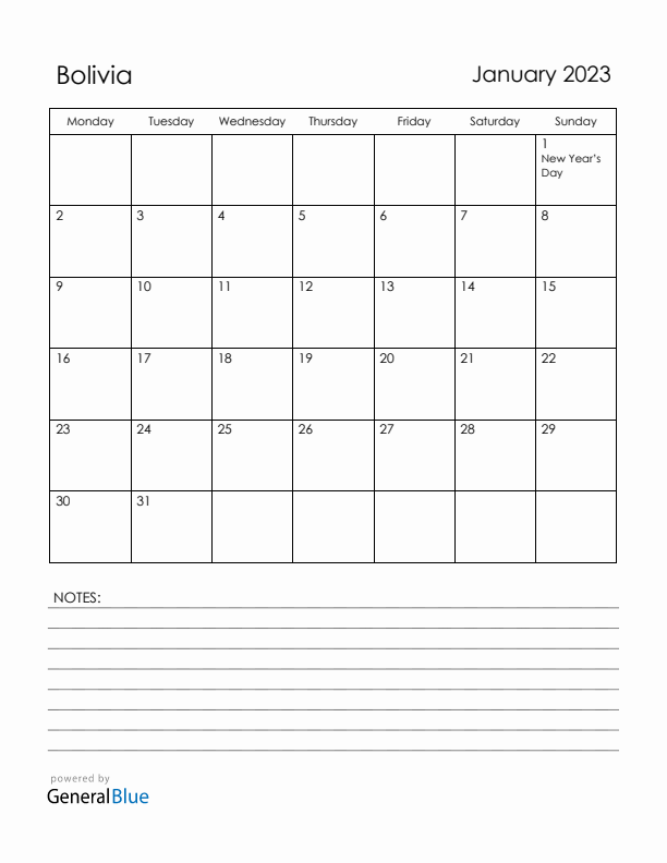 January 2023 Bolivia Calendar with Holidays (Monday Start)